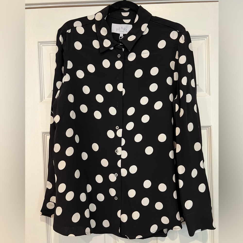 Black and white polka dot button down by Pearl by La Rose.  New w/ tags